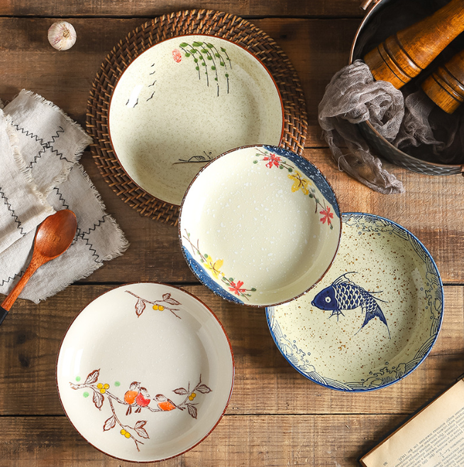 Керамічна глибока тарілка у ретро-стилі з рослинним декором, 18 см