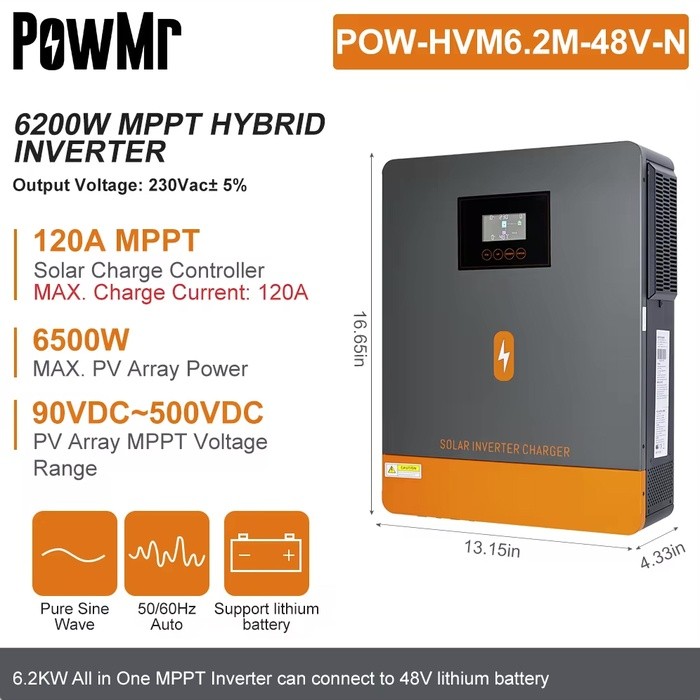 Гібридний сонячний інвертор PowMr 6.2 kW MPPT 48V (POW-HVM6.2K-48V-LIP)